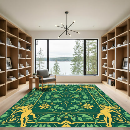 Golden Mythical Beasts Green Floral Rug