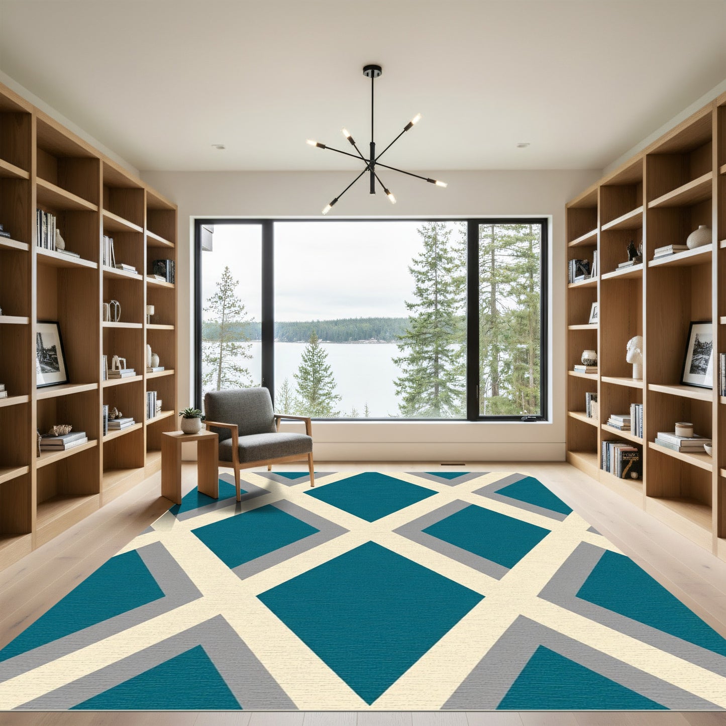 Teal, Cream and Gray Geometric Diamonds Rug