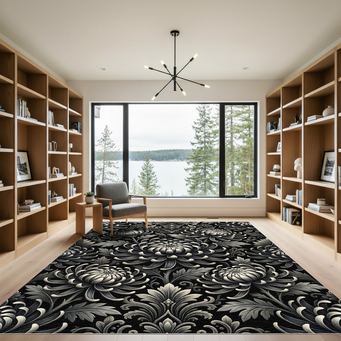 Monochromatic Chrysanthemum Floral Damask Rug