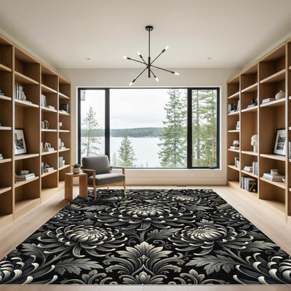 Monochromatic Chrysanthemum Floral Damask Rug