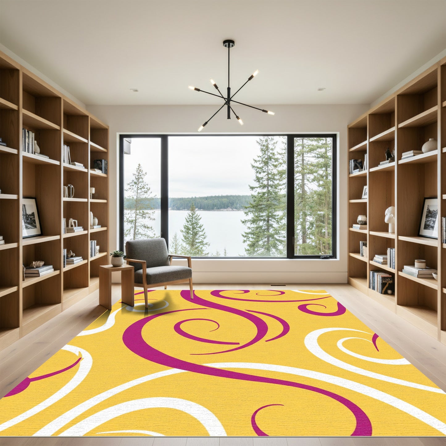 Golden Swirls Magenta White Curlicues Rug