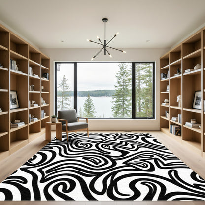 Bold Black Swirl Abstract Rug
