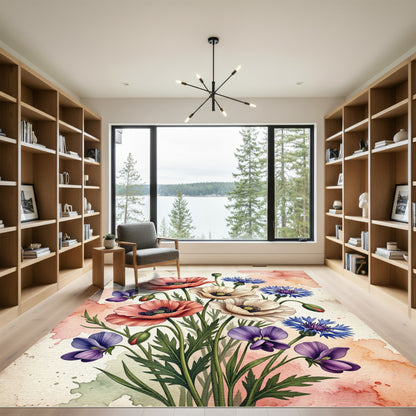 Watercolour Poppy and Cornflower Bouquet Rug