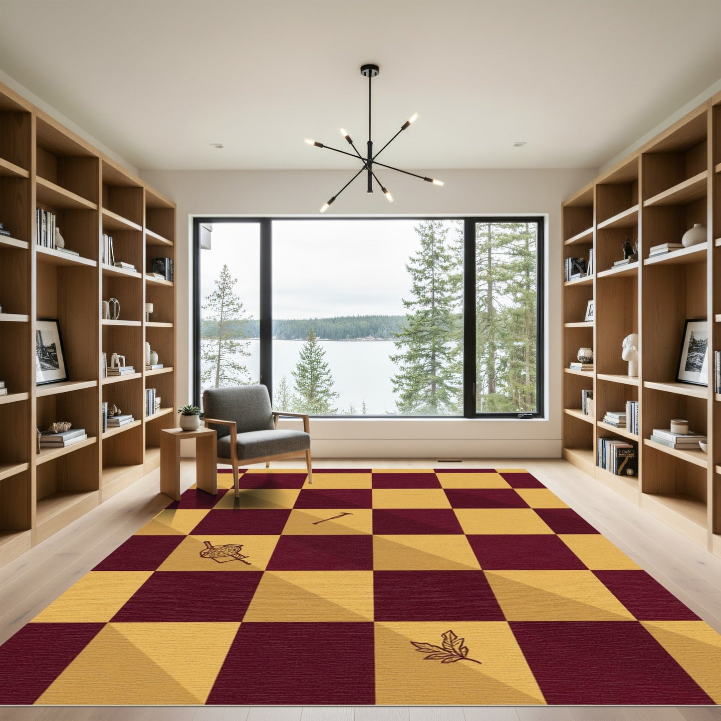Burgundy Gold Checkerboard Quidditch Symbols Rug