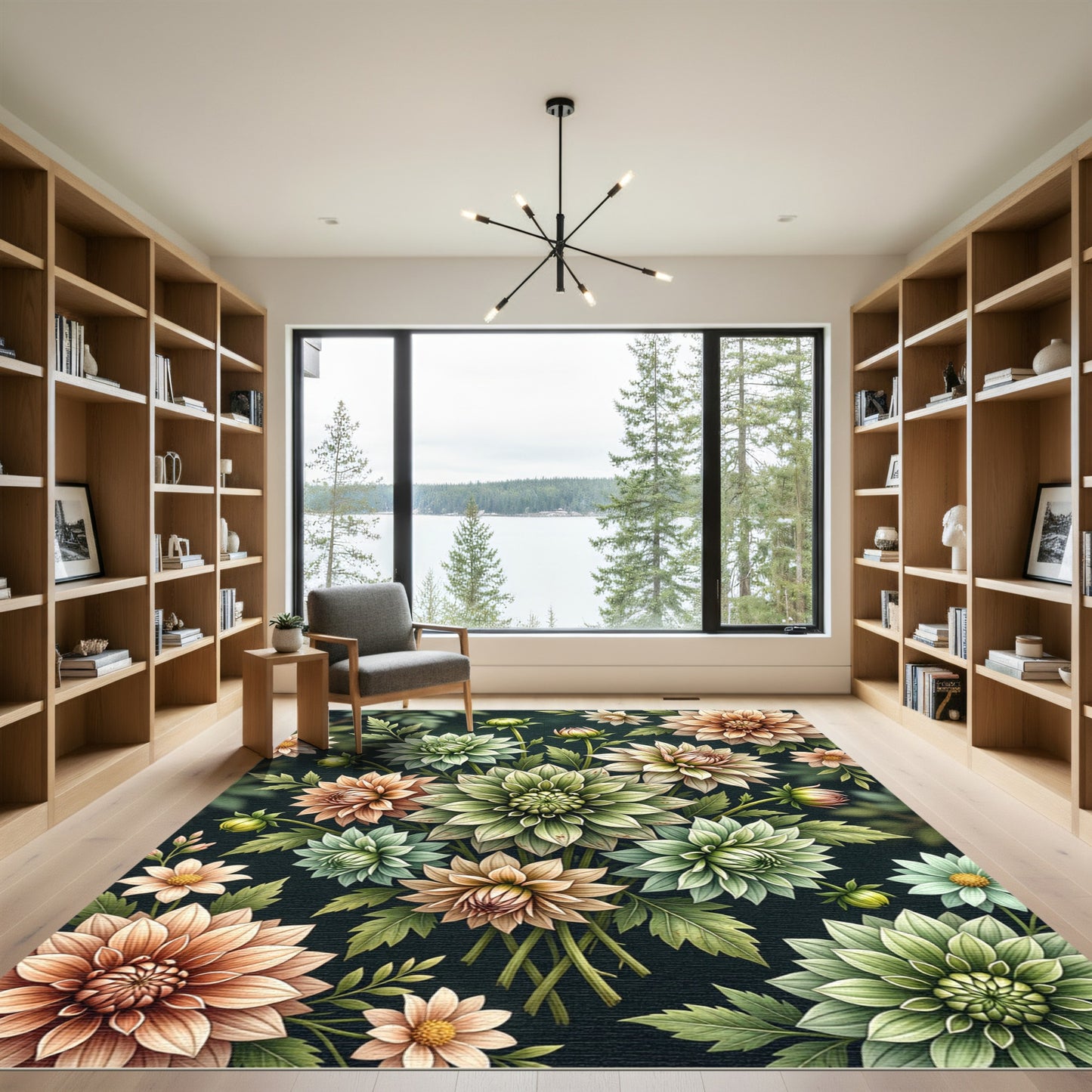 Coral Green Floral Arrangement Rug