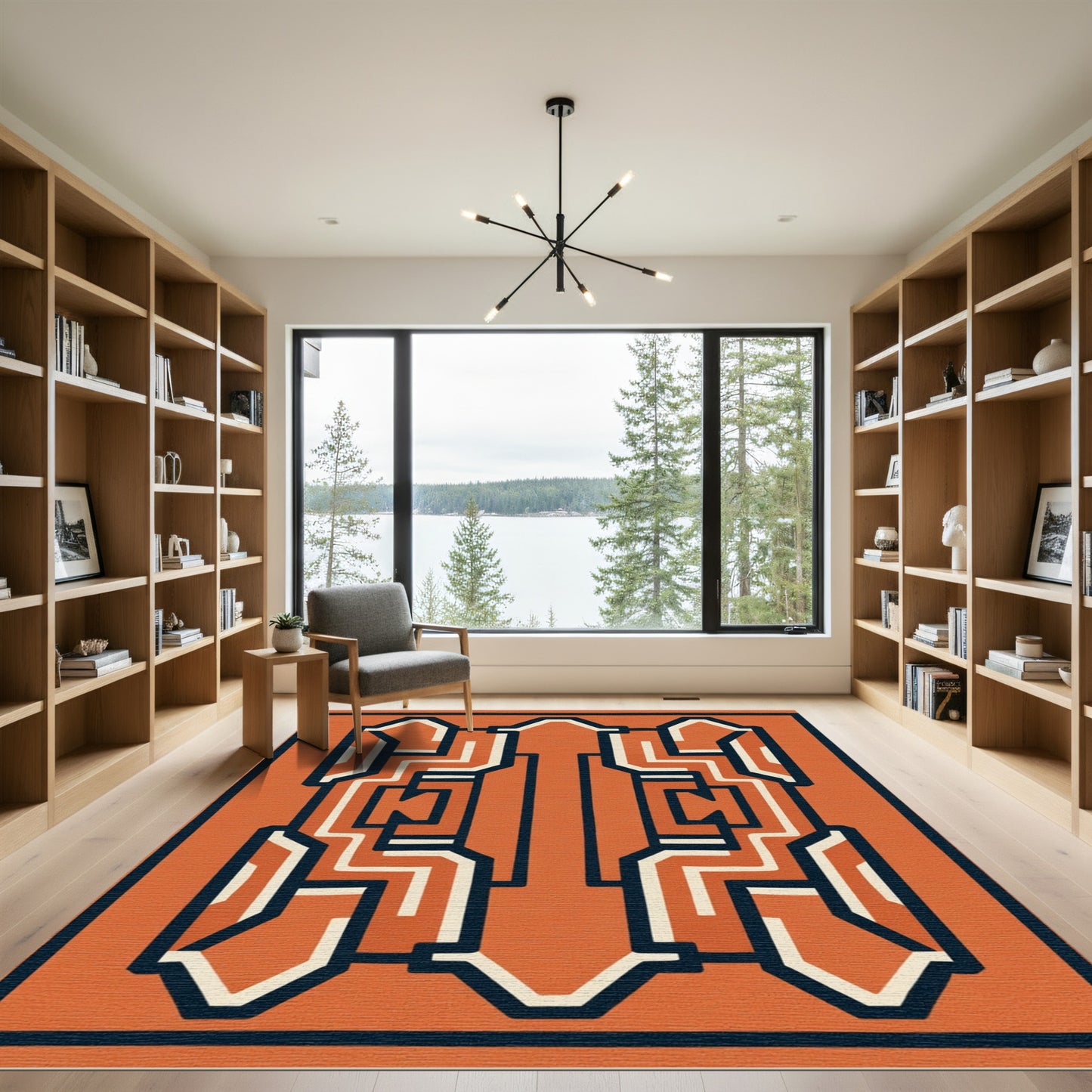 Bold Orange Geometric Maze Rug