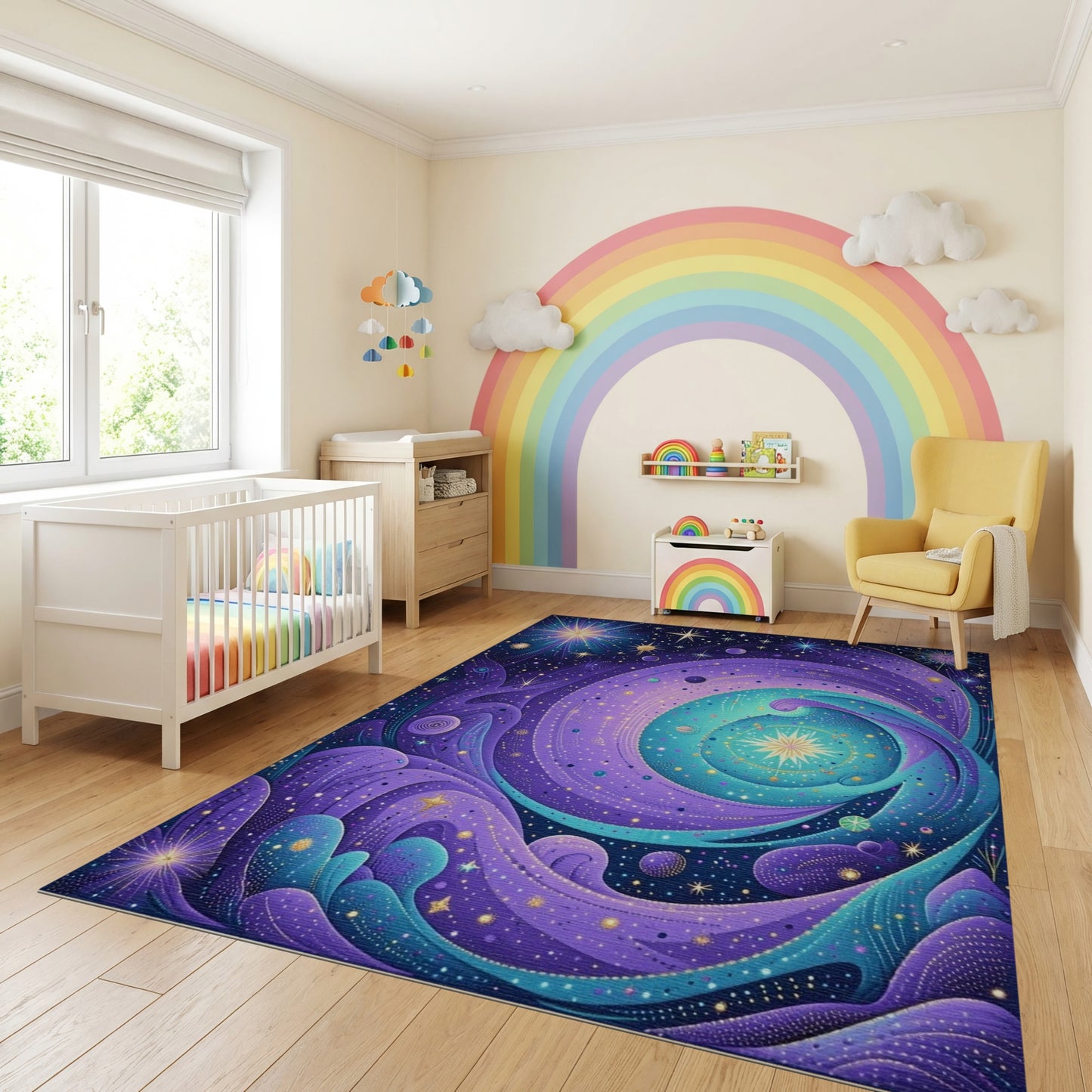 Purple Teal Cosmic Swirl Stars Rug