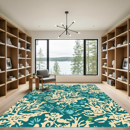 Deep Teal Coral Botanical Garden Rug