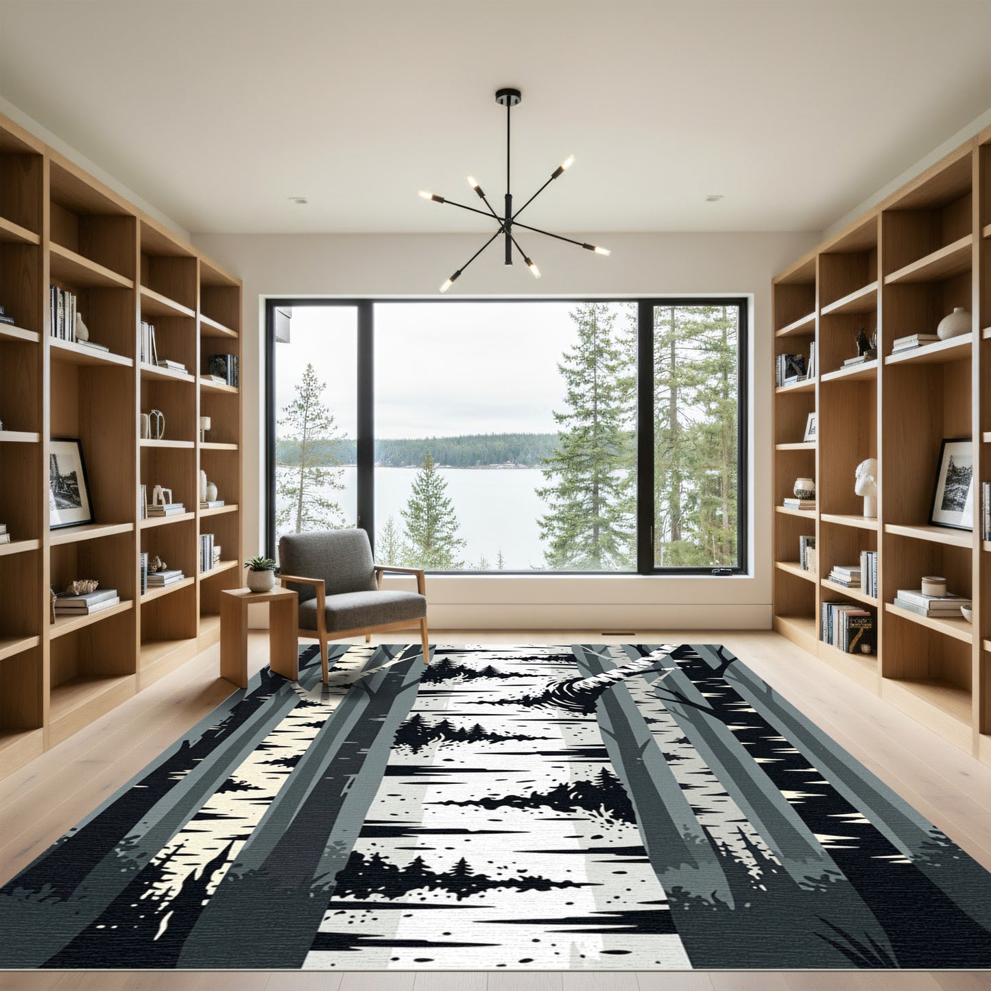 Minimalist Monochrome Birch Forest Landscape Rug