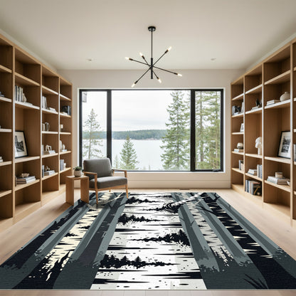 Minimalist Monochrome Birch Forest Landscape Rug