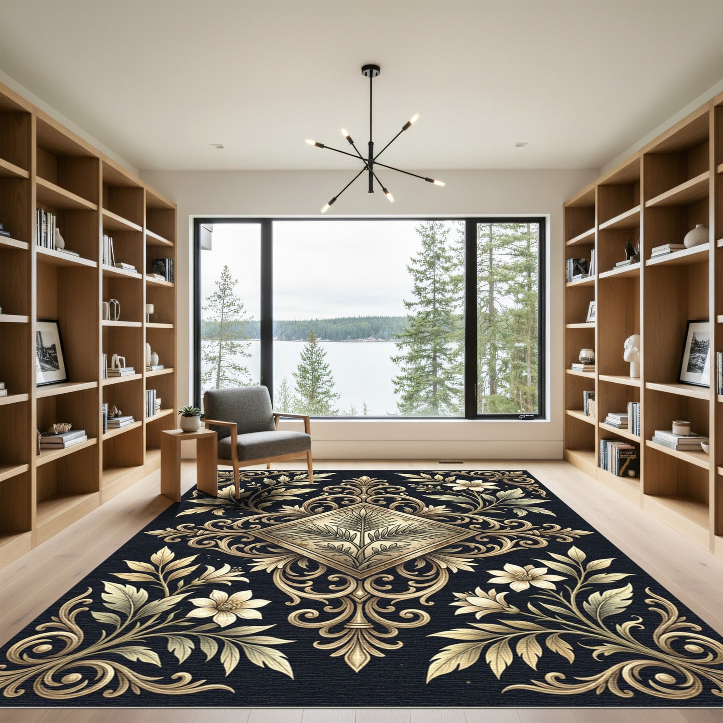 Elegant Golden Floral Diamond Scroll Rug