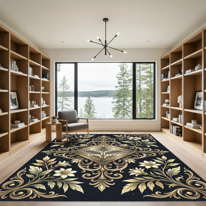 Elegant Golden Floral Diamond Scroll Rug