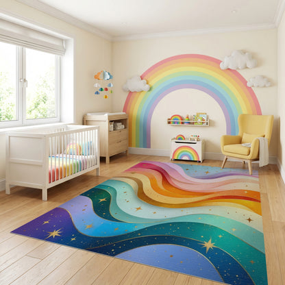 Vibrant Wavy Rainbow Stars Rug