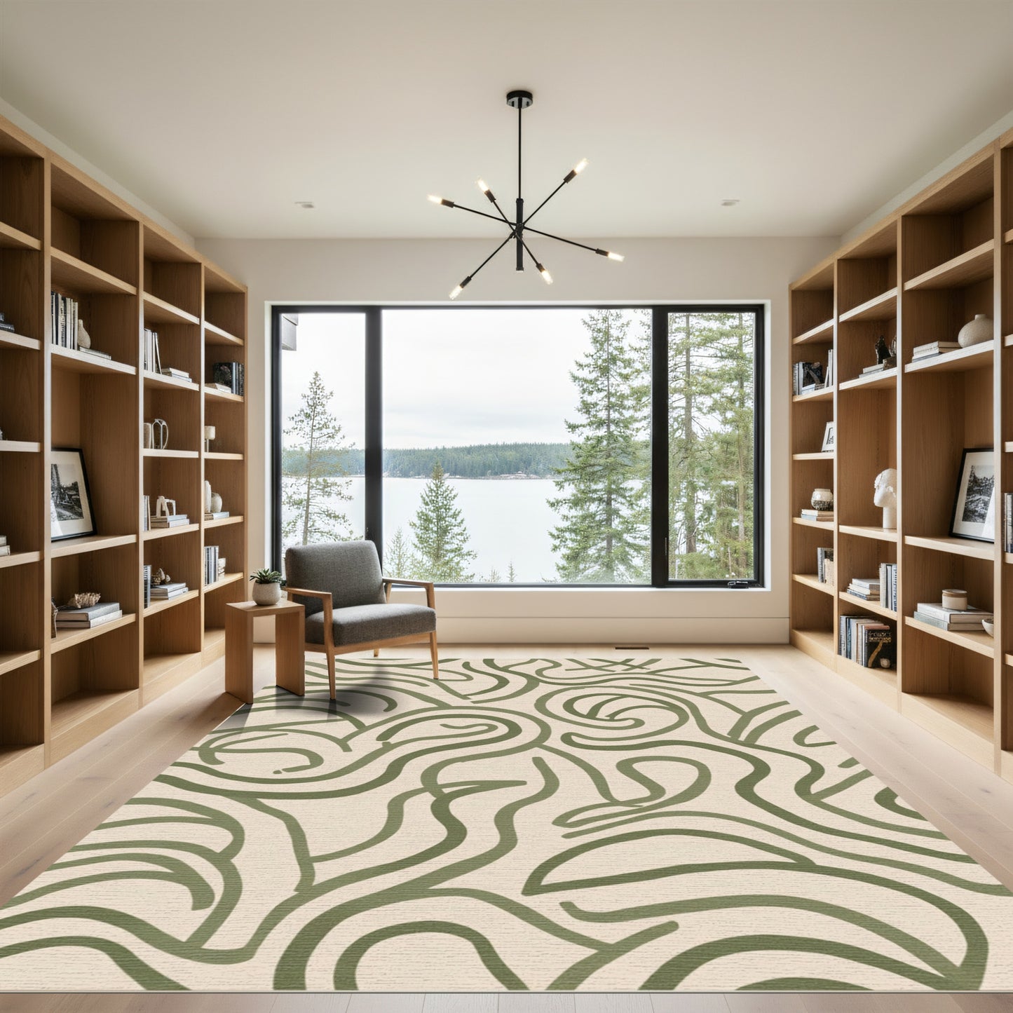 Olive Green Fluid Swirl Lines Rug