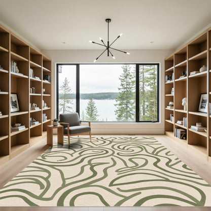 Olive Green Fluid Swirl Lines Rug