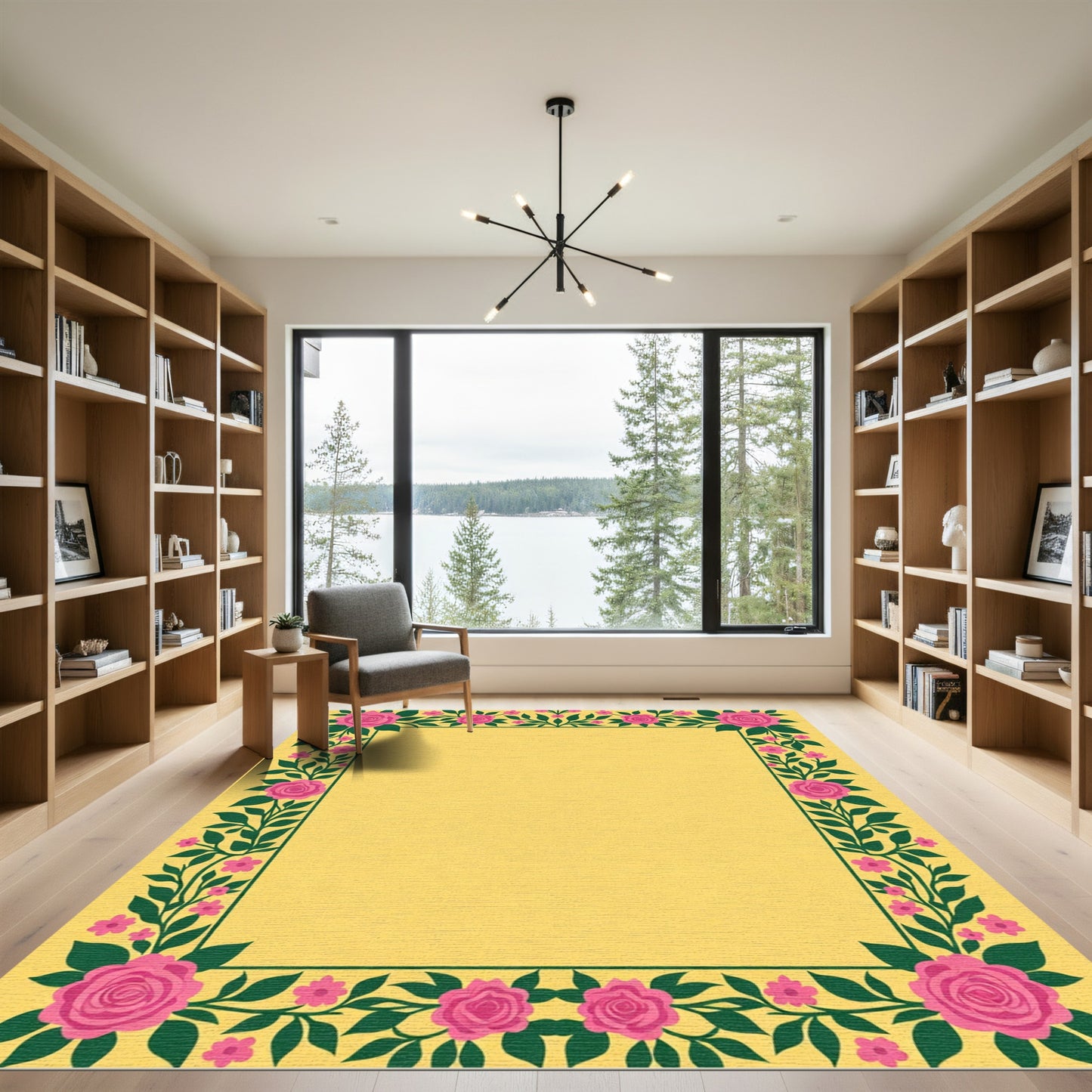 Vibrant Pink Rose Garden Frame Rug