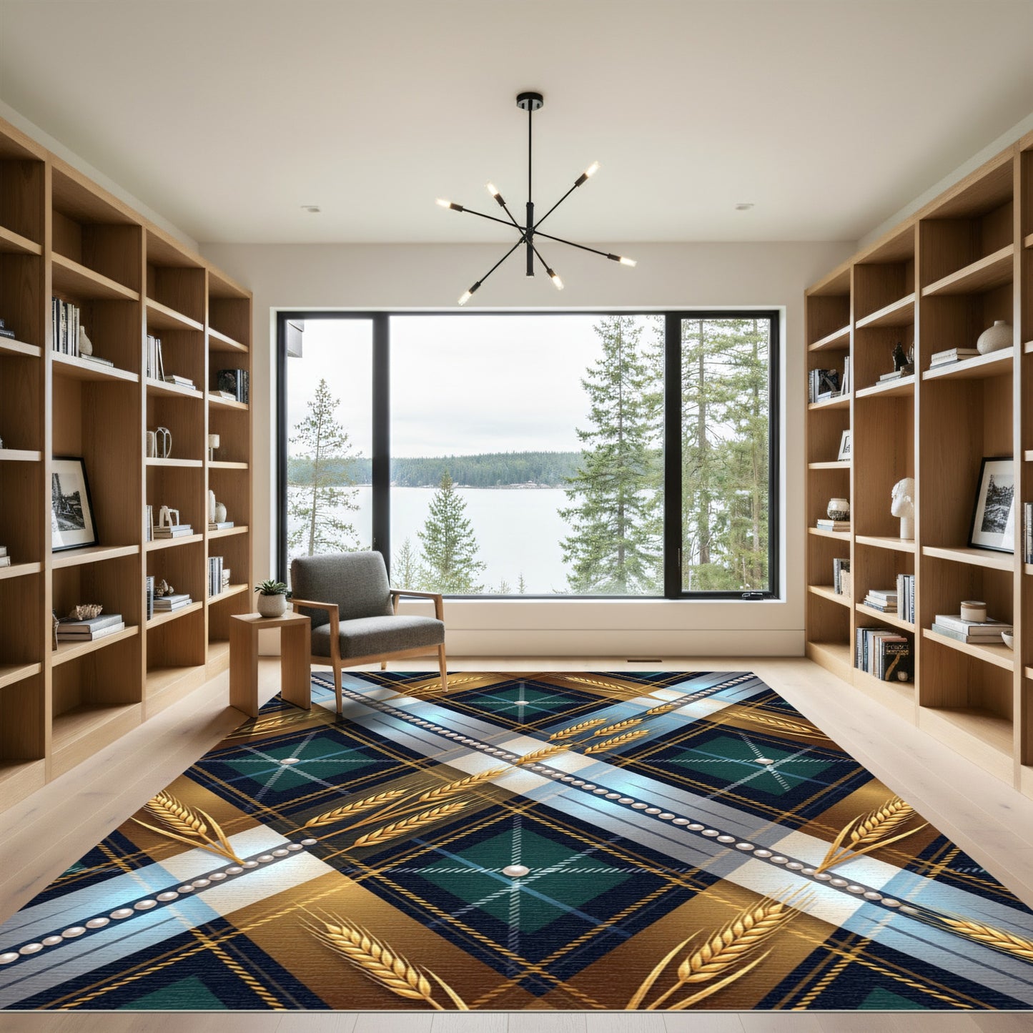 Gold Wheat Blue Plaid Pearl Border Rug