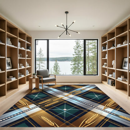 Gold Wheat Blue Plaid Pearl Border Rug