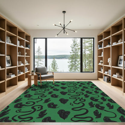 Earthy Green Whimsical Vine Botanical Rug