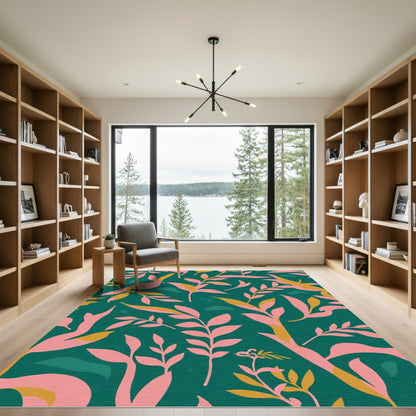 Abstract Teal Pink Gold Foliage Rug