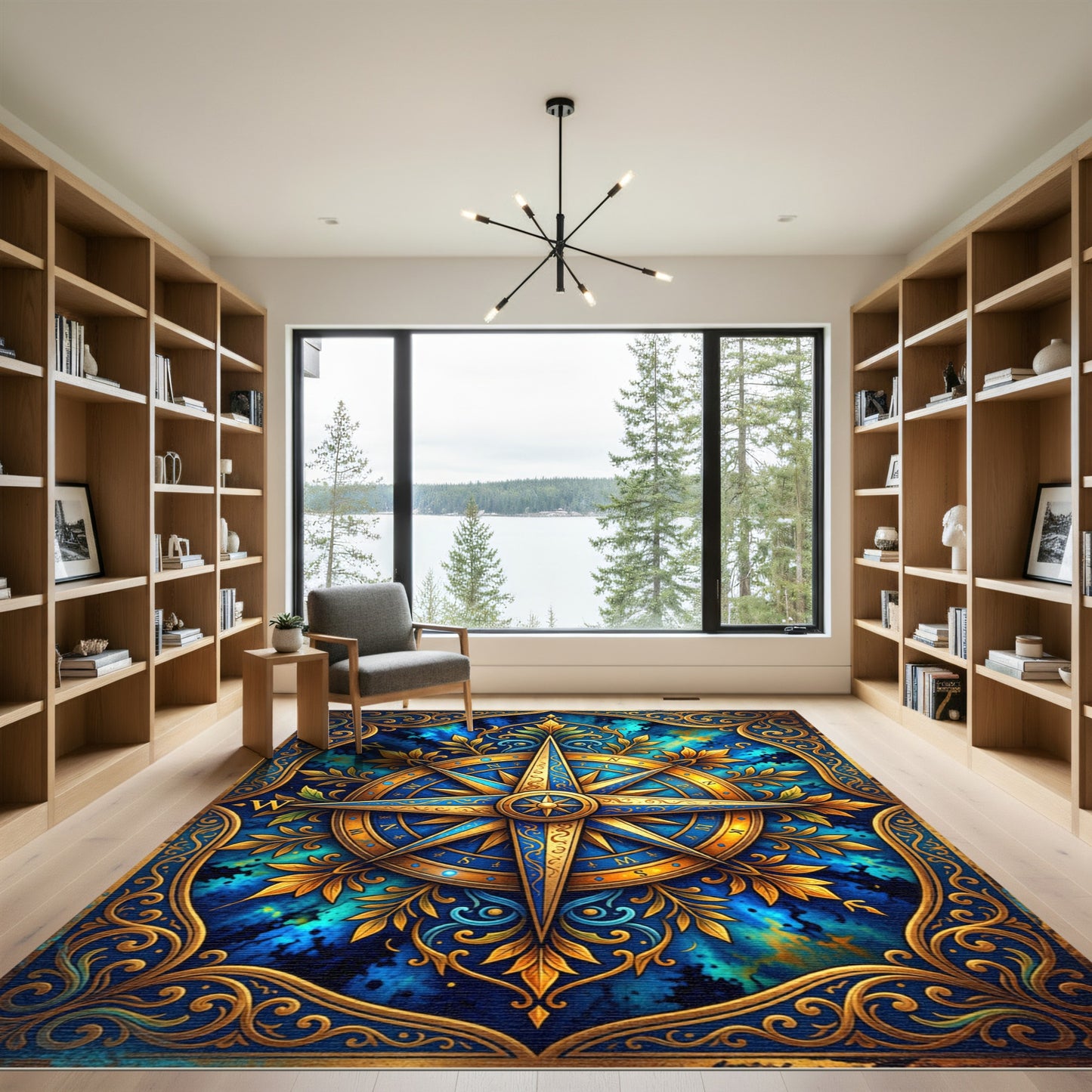 Antique Blue Golden Compass Rose Rug