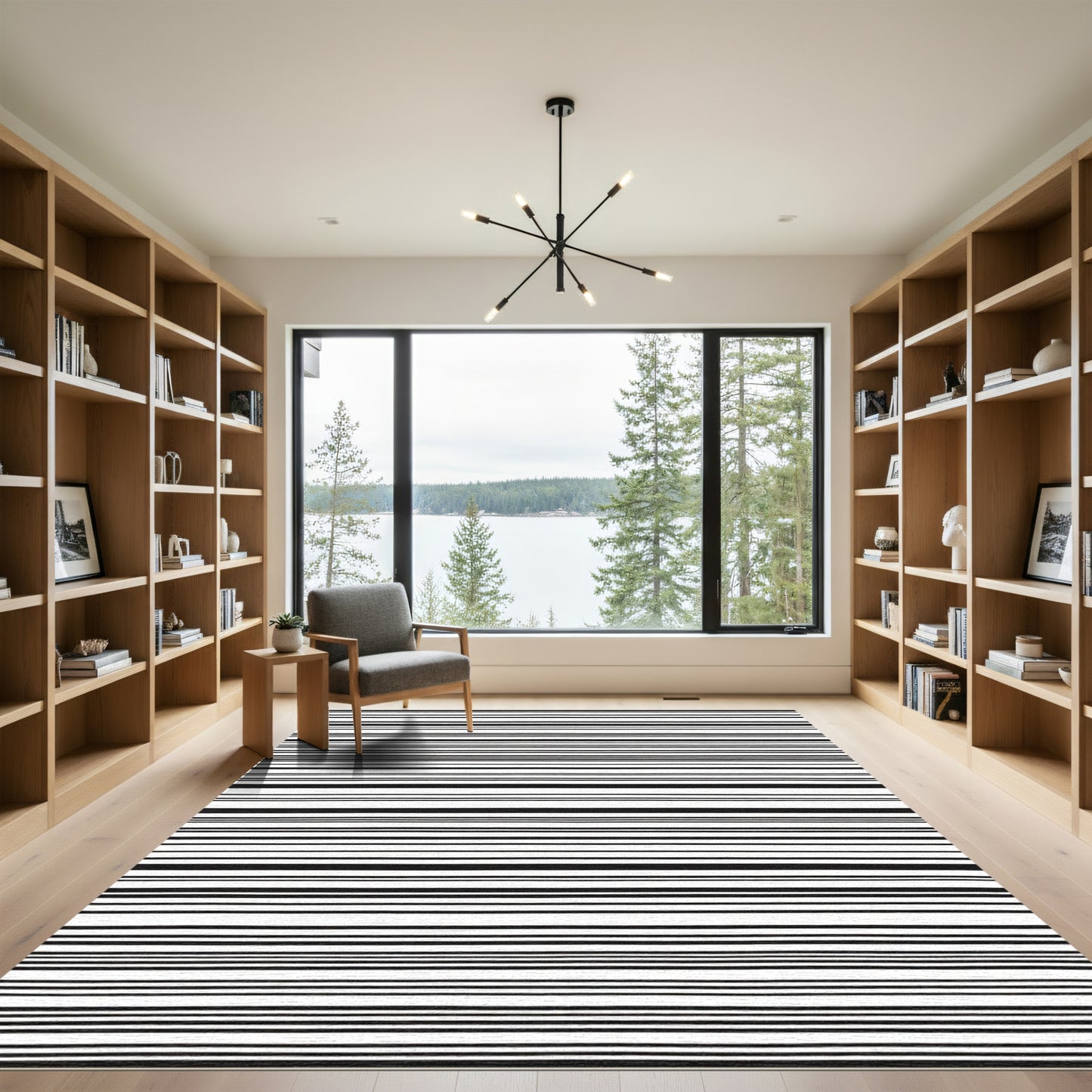 Thin Black White Horizontal Stripe Rug