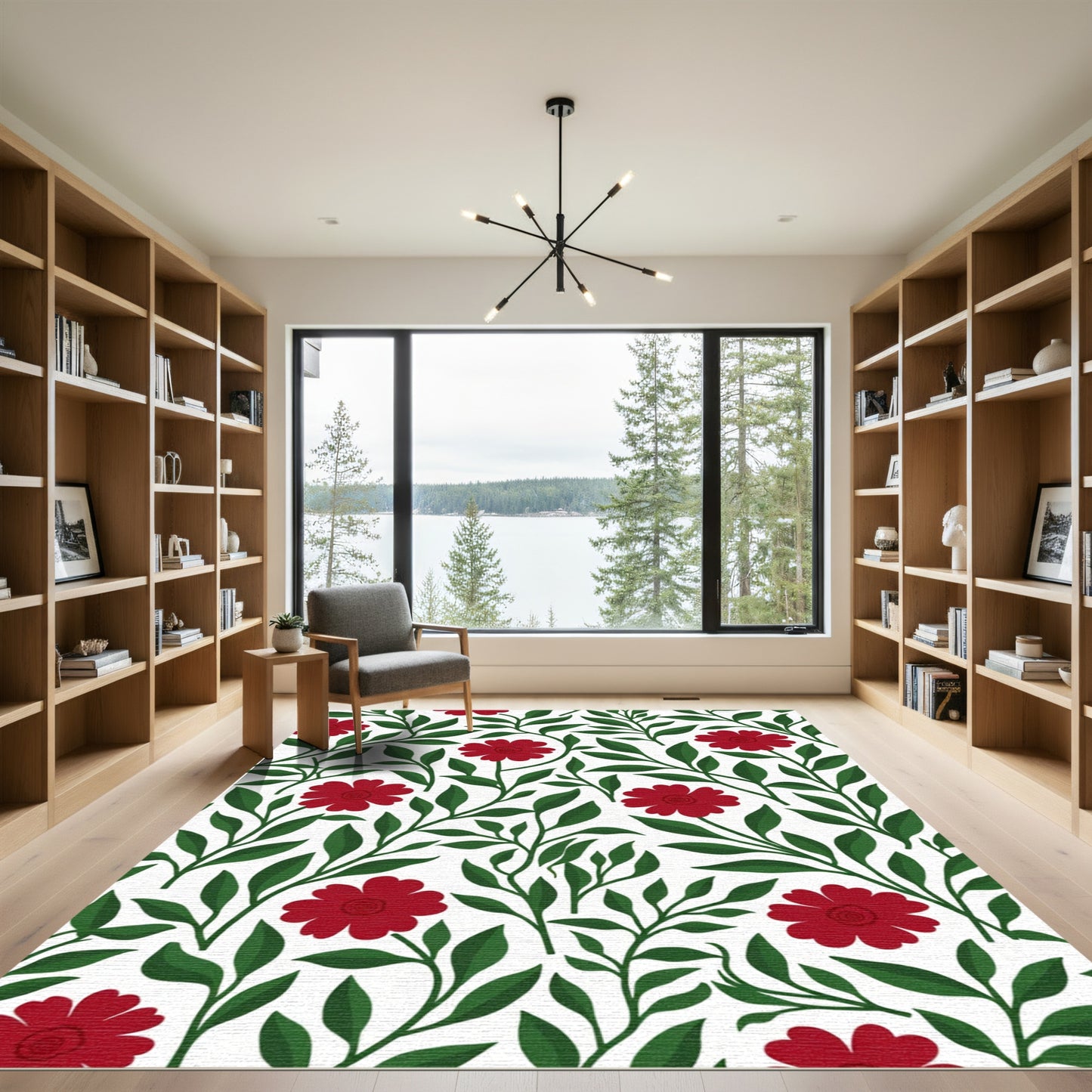 Crimson Floral Scroll Branches Rug