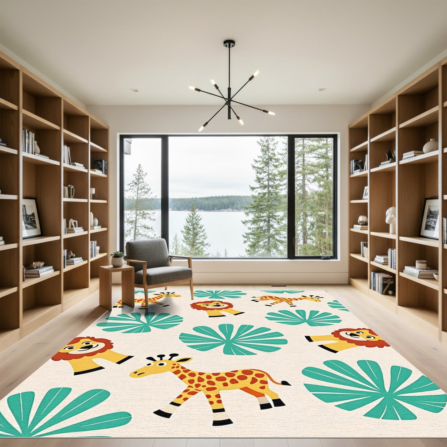 Playful Giraffe Lion Jungle Bloom Rug