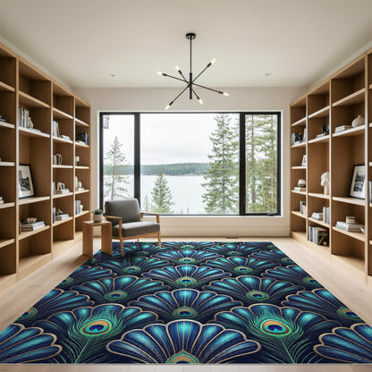 Art Deco Blue Peacock Feather Fan Rug