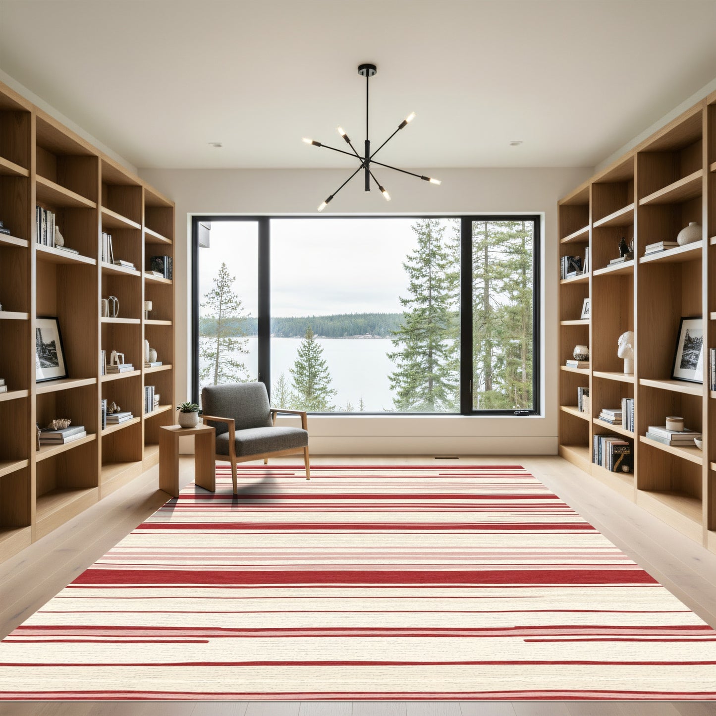 Crimson Cream Abstract Horizontal Lines Rug