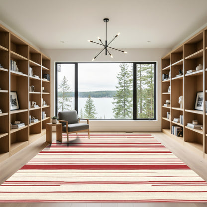Crimson Cream Abstract Horizontal Lines Rug