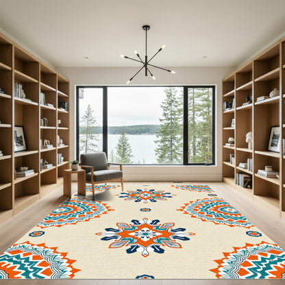 Orange Teal Symmetrical Medallion Rug