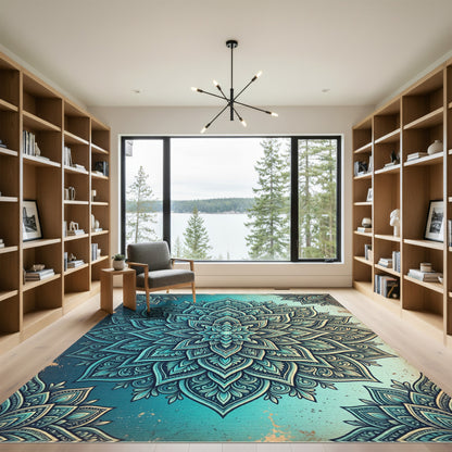 Teal Ombre Botanical Mandala Medallion Rug