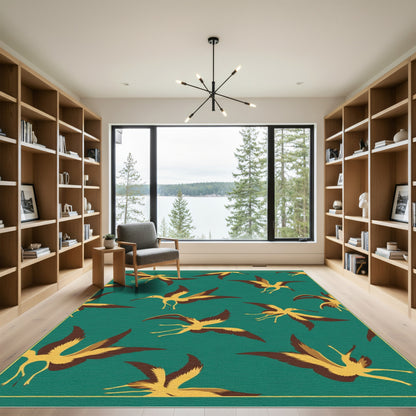 Teal Yellow Bird Illustration Repeats Rug