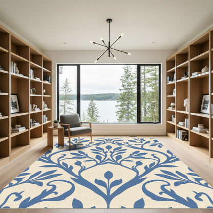 Blue Ivory Floral Vine Damask Rug
