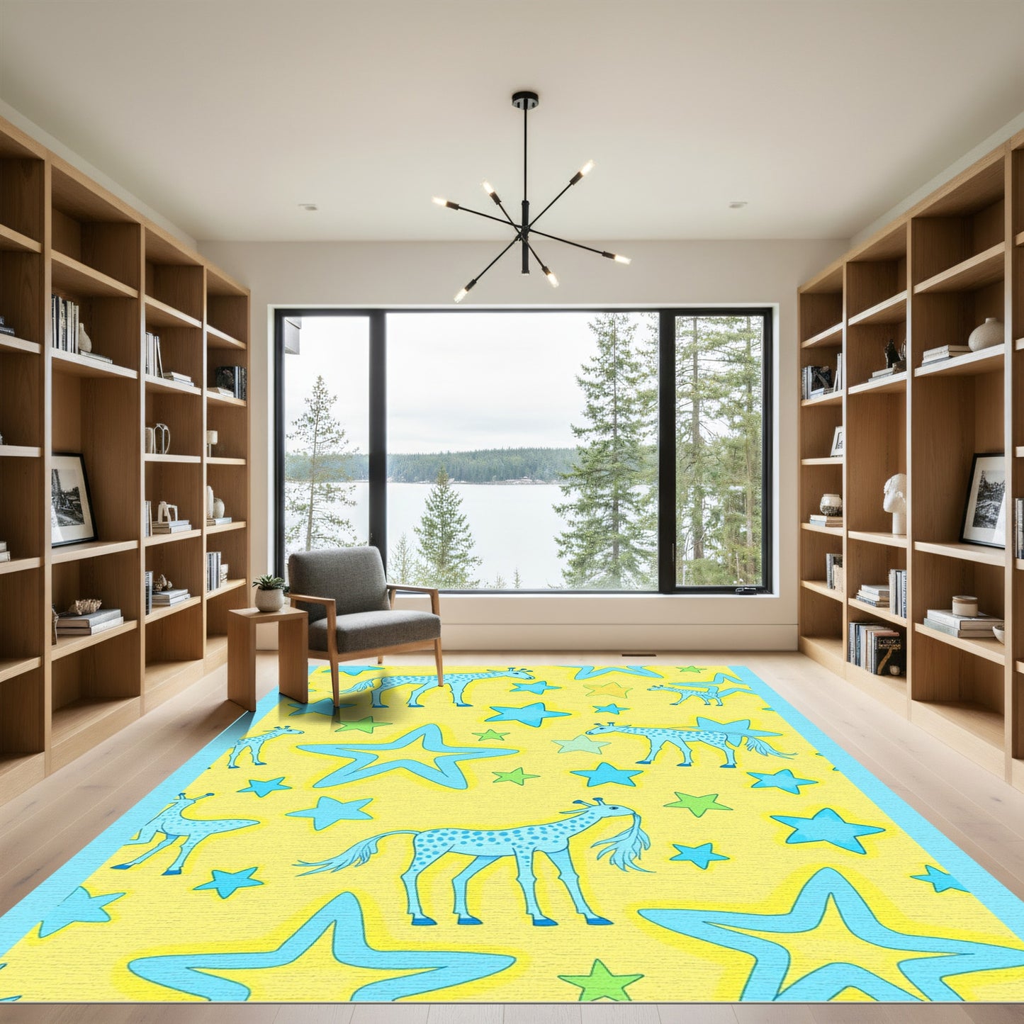 Whimsical Blue Giraffe Starry Yellow Rug