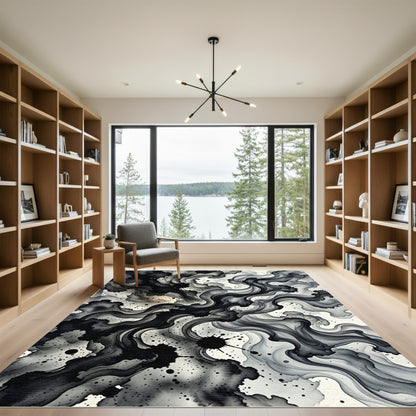 Ethereal Black Ink Swirl Reminiscence Rug