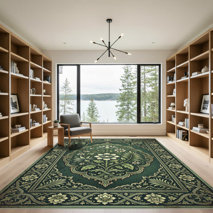 Elegant Emerald Floral Medallion Illustration Rug