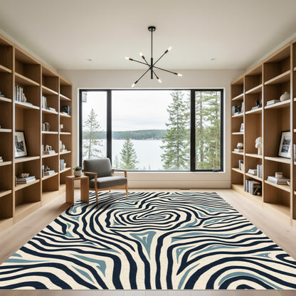 Coastal Blue Zebra Stripe Waves Rug