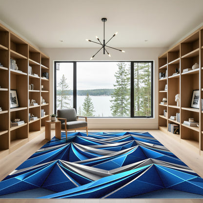 Modern Geometric Blue White Angular Waves Rug
