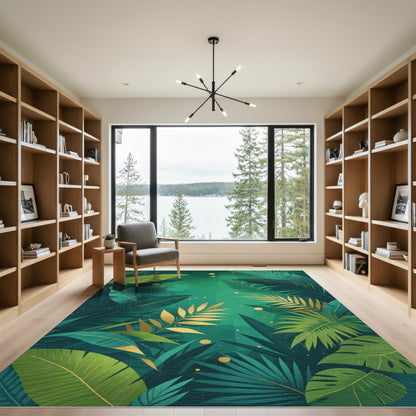 Lush Emerald Gold Tropical Foliage Rug