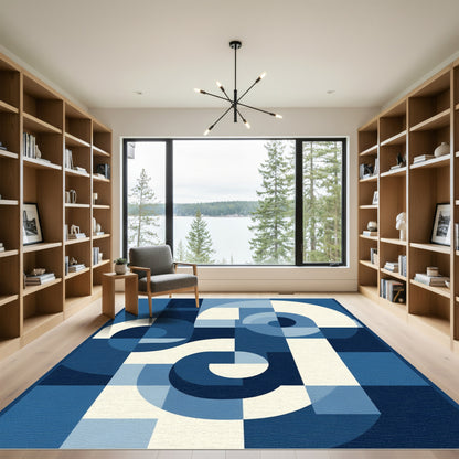 Deep Blue Abstract Geometric Swirl Rug