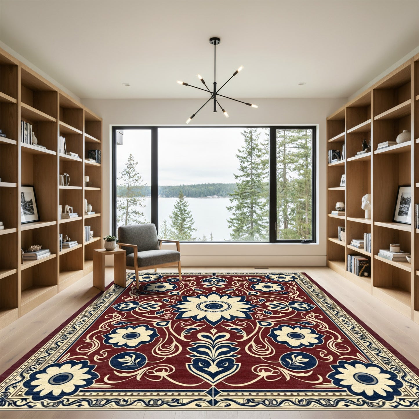 Deep Red Floral Symmetry Central Bloom Rug