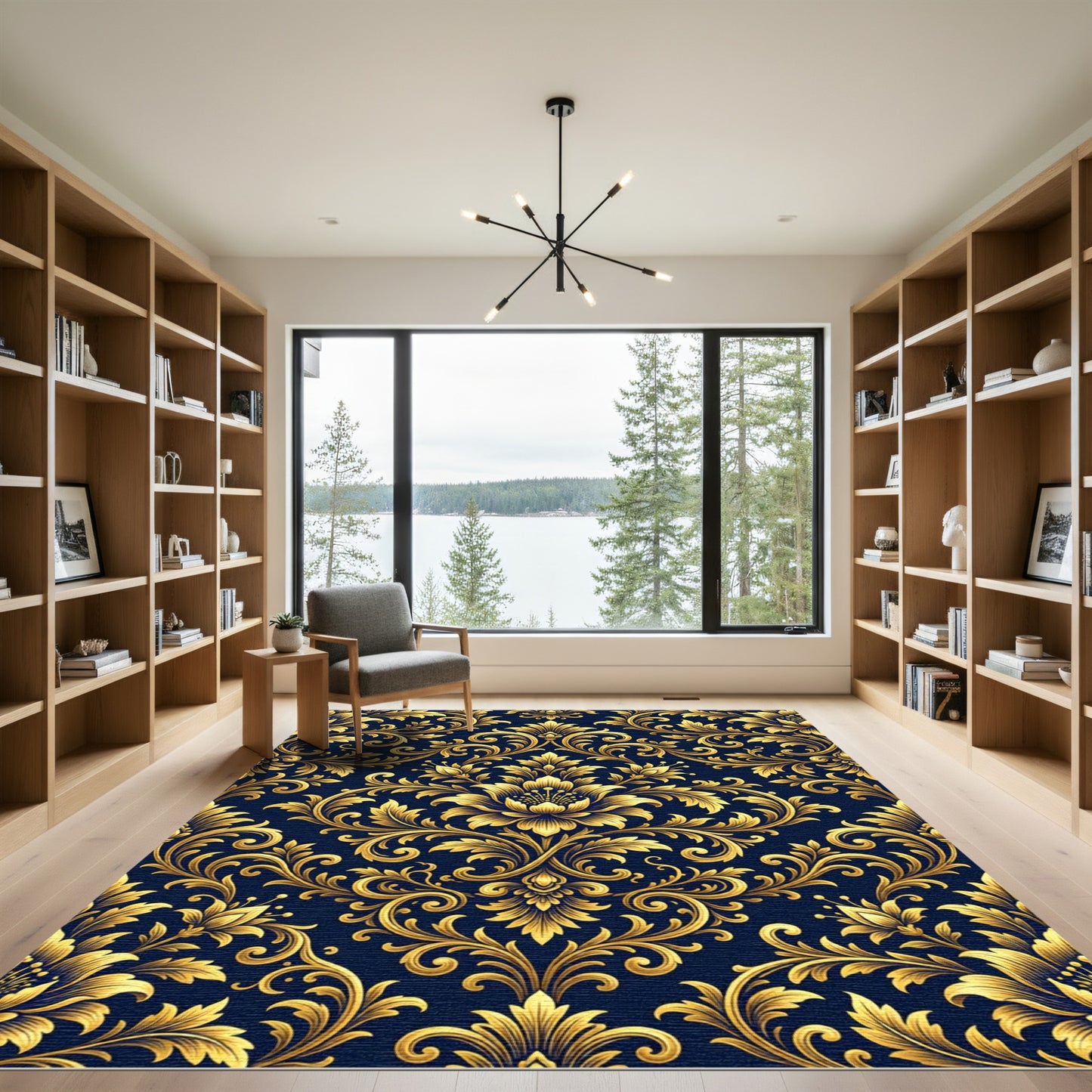Golden Baroque Damask Navy Floral Rug