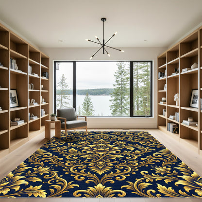 Golden Baroque Damask Navy Floral Rug