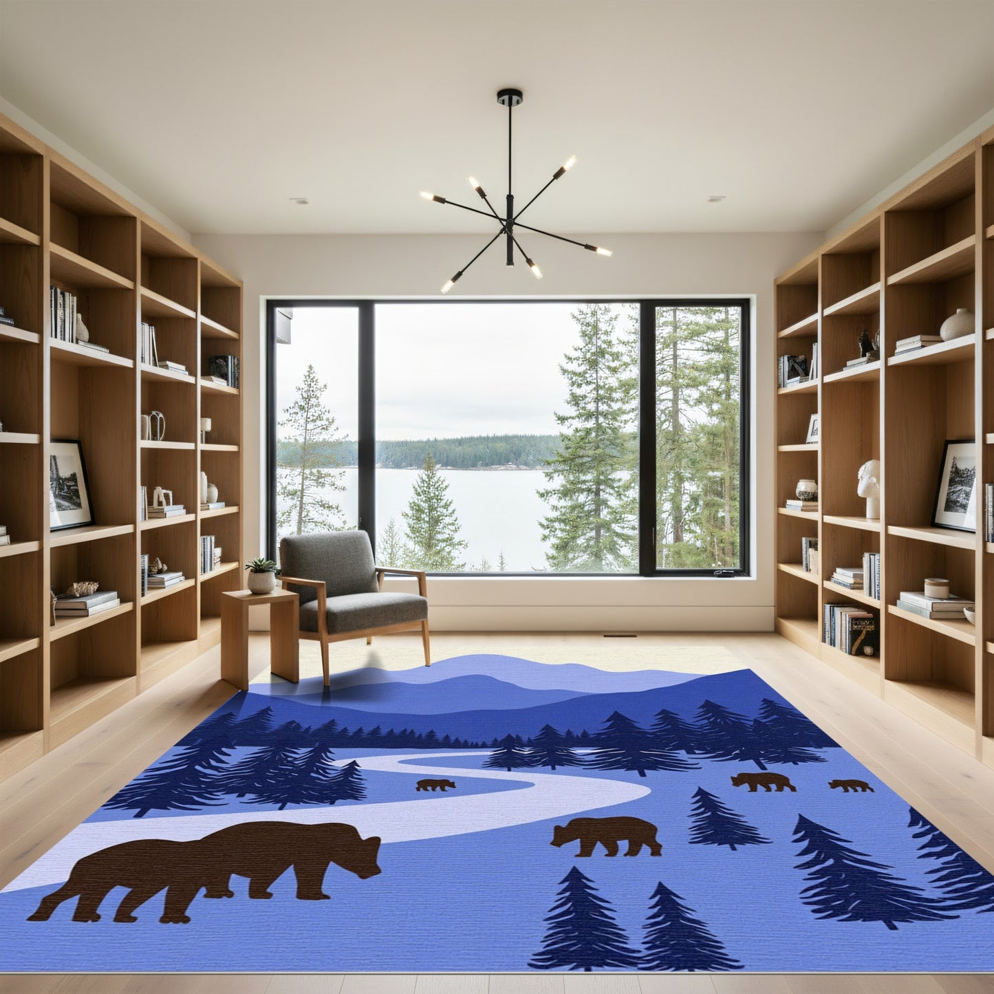 Deep Blue Mountain Bear Forest Scene Rug