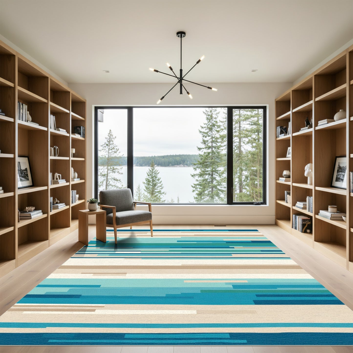 Abstract Blue Cream Stripe Rug