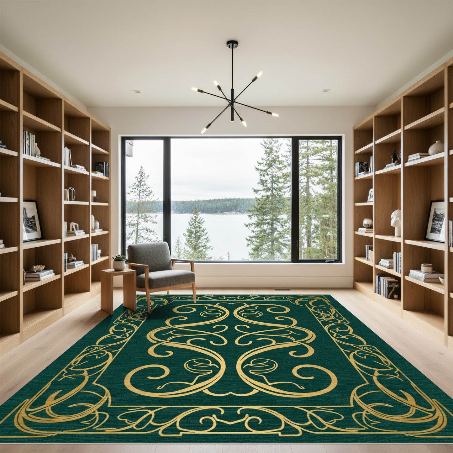 Elegant Gold Scrollwork Emerald Border Rug