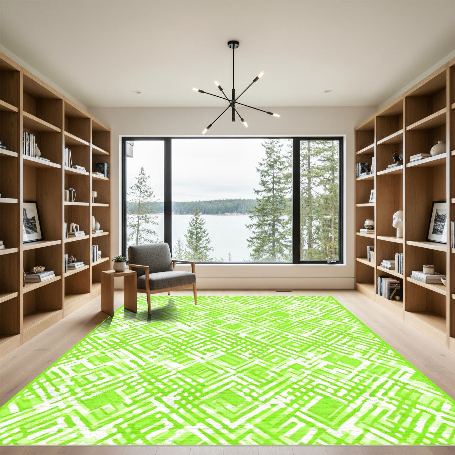 Bright Lime Green Geometric Grid Rug