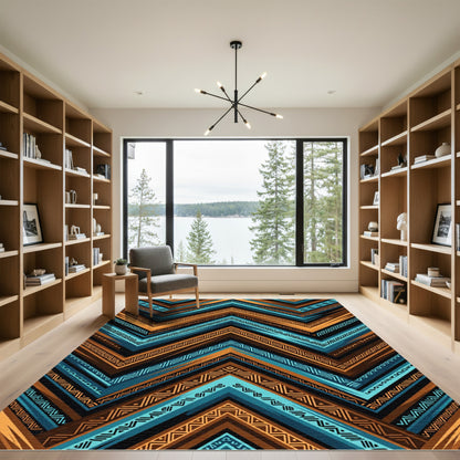 Geometric Chevron Aztec Teal Gold Earth Rug